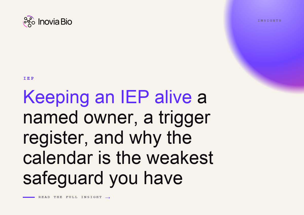 Diagram contrasting calendar-based IEP review with event-triggered IEP governance via a named owner and trigger register