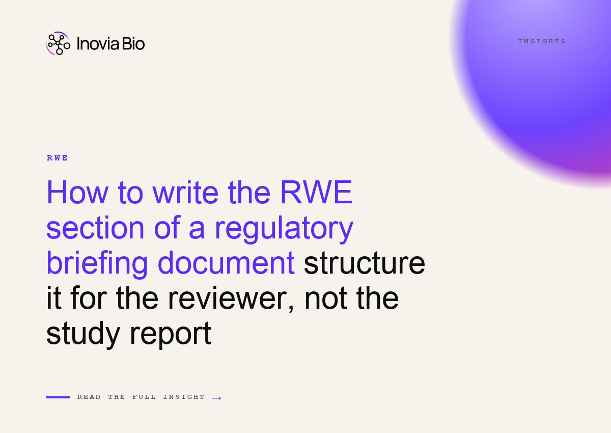 Diagram showing how to structure the RWE section of a regulatory briefing document for FDA and EMA reviewers